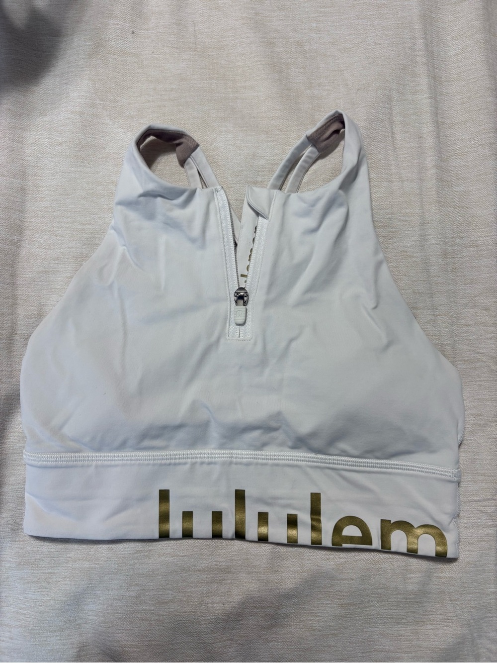 lululemon athletica White Zip-Front Sports Bra with Gold Logo